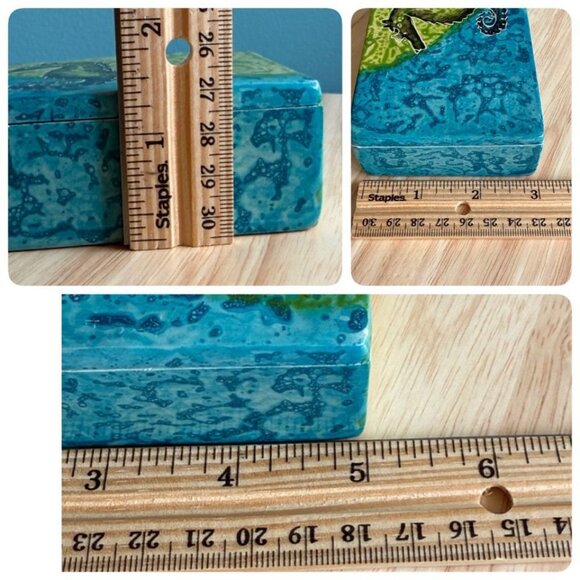 Vintage Hand-Carved Seahorse Soapstone Trinket Jewelry Box Blue Yellow Green - Picture 9 of 9